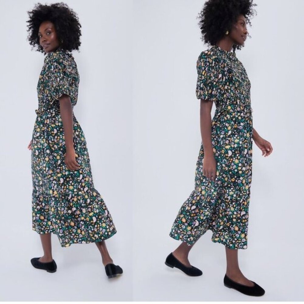 Hyacinth House | NEW Black Multi Floral Smocked Samantha Midi Dress Size L - Picture 2 of 13